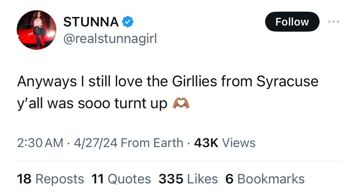 The image is a screenshot of a tweet from @realstunnagirl expressing love for fans in Syracuse and mentioning they were energetic