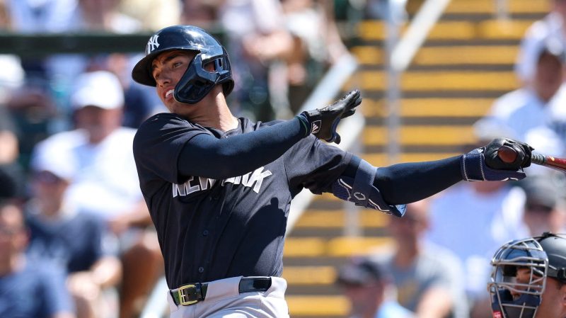 George Lombard Jr. of the New York Yankees hits during spring training against the Minnesota Twins