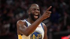 Draymond Green points while reacting during a Golden State Warriors game in April 2026
