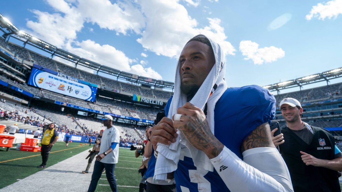 Odell Beckham Jr. walks off the field after the New York Giants preseason game against the Minnesota Vikings
