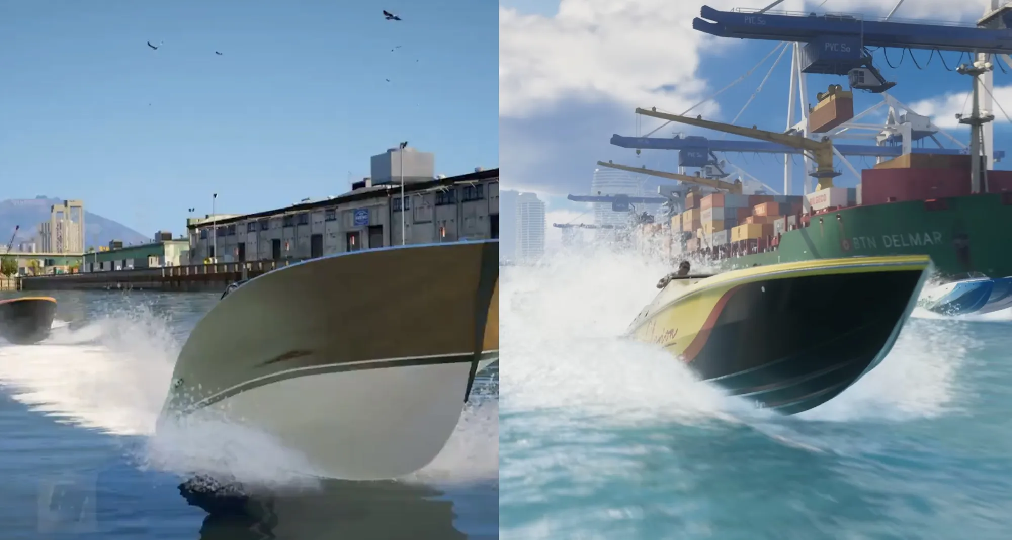 GTA 5 and GTA 6 speedboat comparison showing water, spray and port detail