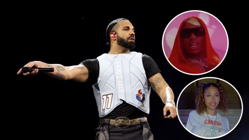 Drake with inset images of Sexyy Red and Stunna Sandy