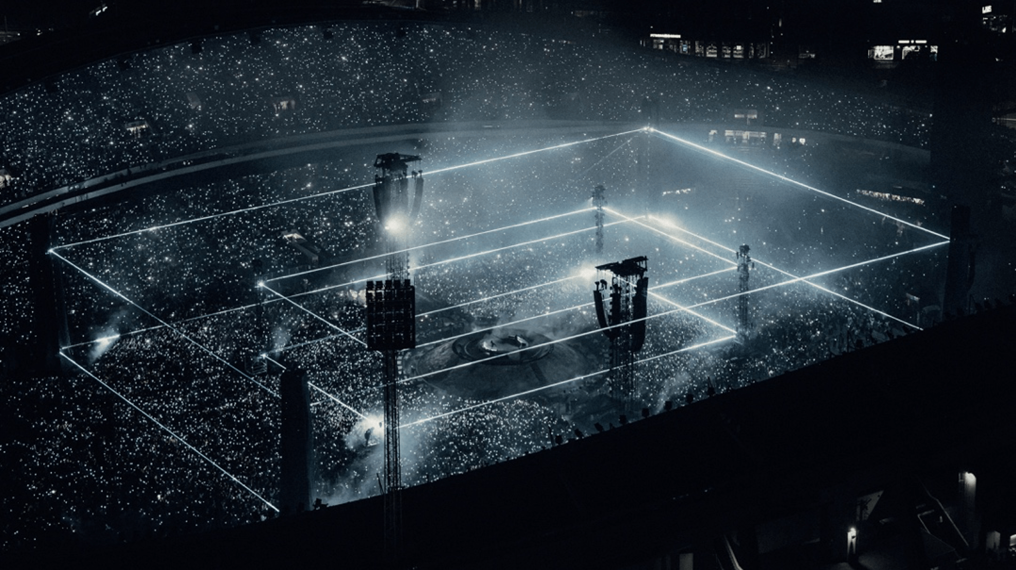 Swedish House Mafia's Ullevi Stadium concert production with illuminated rectangular lighting above the crowd