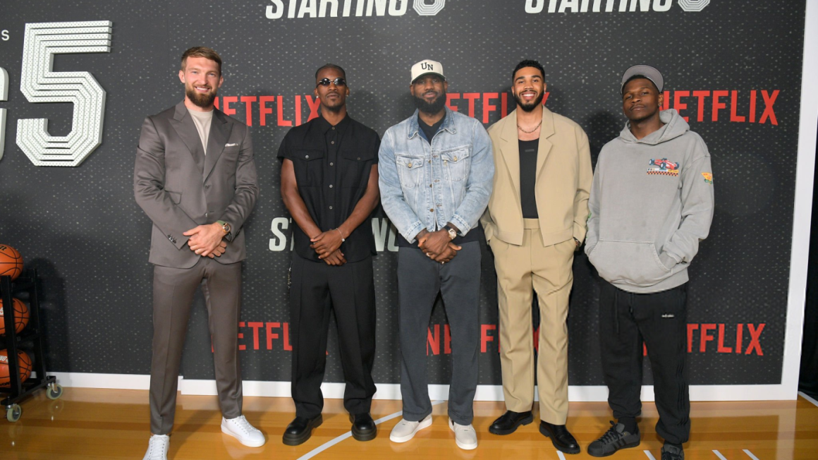 Anthony Edwards - LOS ANGELES, CALIFORNIA - SEPTEMBER 23: (L-R) Domantas Sabonis, Jimmy Butler, LeBron James, Jayson Tatum and Anthony Edwards attend the Starting 5 LA Premiere at The Egyptian Theatre Hollywood on September 23, 2024 in Los Angeles, California. (Photo by Charley Gallay/Getty Images for Netflix)