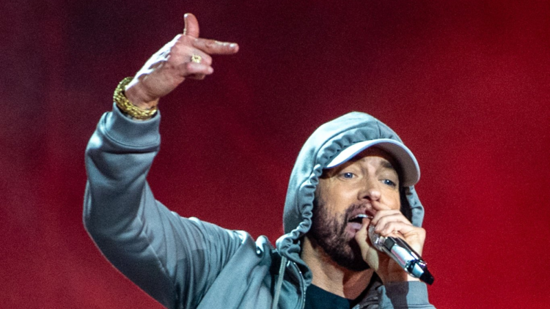 Eminem - DETROIT, MICHIGAN - JUNE 06: Eminem performs onstage at Live from Detroit: The Concert at Michigan Central" at Michigan Central Station on June 06, 2024 in Detroit, Michigan. (Photo by Aaron J. Thornton/Getty Images)