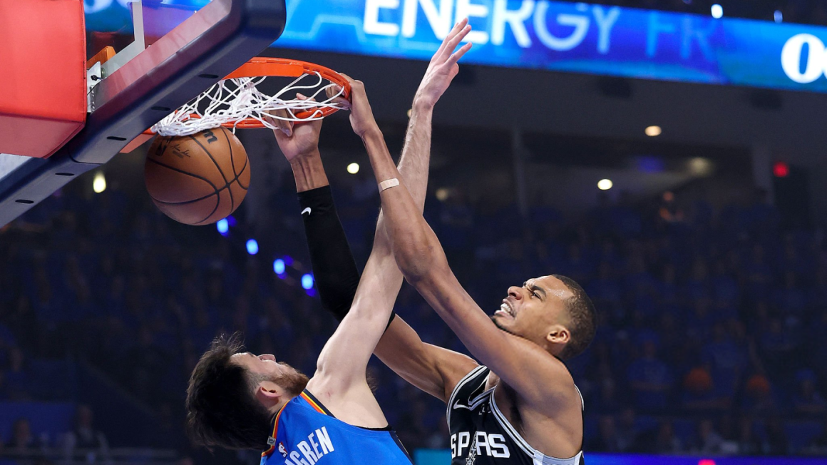 Victor Wembanyama - OKLAHOMA CITY, OKLAHOMA - MAY 30: Victor Wembanyama #1 of the San Antonio Spurs dunks the ball against Chet Holmgren #7 of the Oklahoma City Thunder during the first quarter in Game Seven of the NBA Western Conference Finals at Paycom Center on May 30, 2026 in Oklahoma City, Oklahoma. NOTE TO USER: User expressly acknowledges and agrees that, by downloading and or using this photograph, User is consenting to the terms and conditions of the Getty Images License Agreement. (Photo by Christian Petersen/Getty Images)