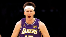Austin Reaves - LOS ANGELES, CA - FEBRUARY 5, 2026: Los Angeles Lakers guard Austin Reaves (15) reacts after sinking a three point shot in the Lakers 119-115 win over the Philadelphia 76ers at Crypto.com Arena on February 5, 2026 in Los Angeles, California. Reeves 35 points are the most off the bench this season.(Gina Ferazzi / Los Angeles Times via Getty Images)