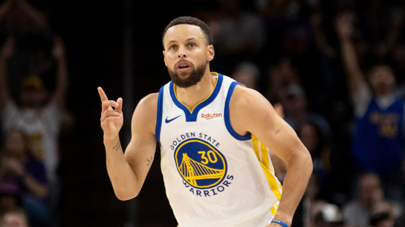 Stephen Curry - Golden State Warriors guard Stephen Curry (30) gestures after scoring a three-point shot during the first half of his NBA play-in tournament game against the Phoenix Suns at Mortgage Matchup Center in Phoenix, Ariz., Friday, April 17, 2026. (Photo by Stephen Lam/San Francisco Chronicle via Getty Images)